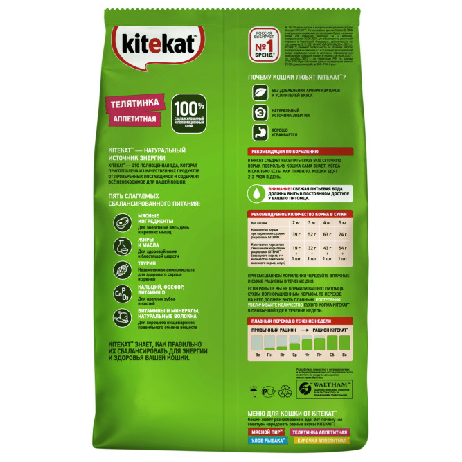 Kitekat сухой корм для взрослых кошек с аппетитной телятинкой - 1,9 кг