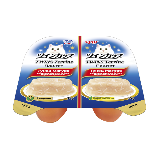 Inaba Ciao Twins Terrine влажный дополнительный корм для взрослых кошек, паштет из тунца Магуро с куриным филе со вкусом морского гребешка, в ламистерах - 70 г х 8 шт