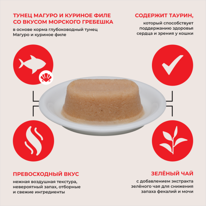 Inaba Ciao Twins Terrine влажный дополнительный корм для взрослых кошек, паштет из тунца Магуро с куриным филе со вкусом морского гребешка, в ламистерах - 70 г х 8 шт