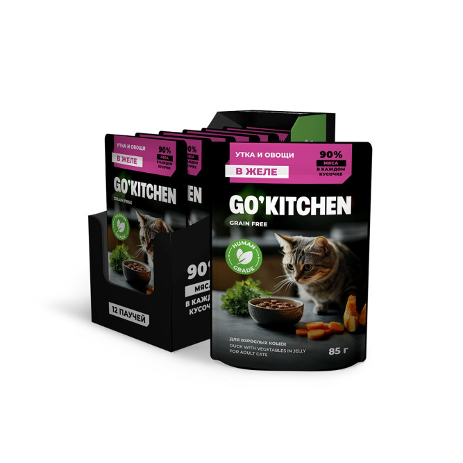 Go' Kitchen Grain Free влажный беззерновой корм для взрослых кошек с уткой и овощами в желе, в паучах - 85 г х 12 шт