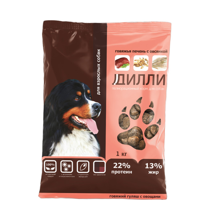 Дилли сухой корм для взрослых собак говяжья печень с овсянкой - 1 кг