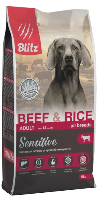 Blitz Adult Beef&amp;Rice Sensitive сухой корм для взрослых собак всех пород с чувствительным пищеварением с говядиной и рисом - 1,8 кг