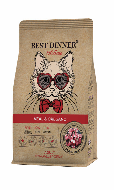 Best Dinner Holistic Hypoallergenic Adult Cat Veal &amp; Oregano сухой гипоаллергенный корм для взрослых кошек с проблемами пищеварения с телятиной и орегано - 400 г
