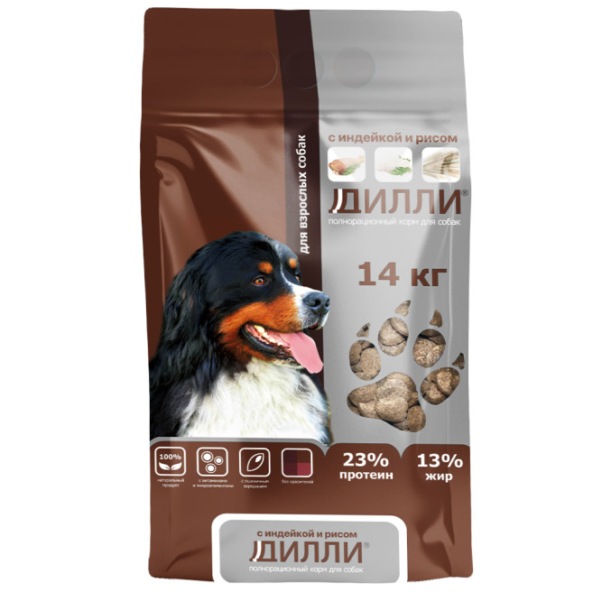 Дилли сухой корм для взрослых собак, с индейкой и рисом - 14 кг