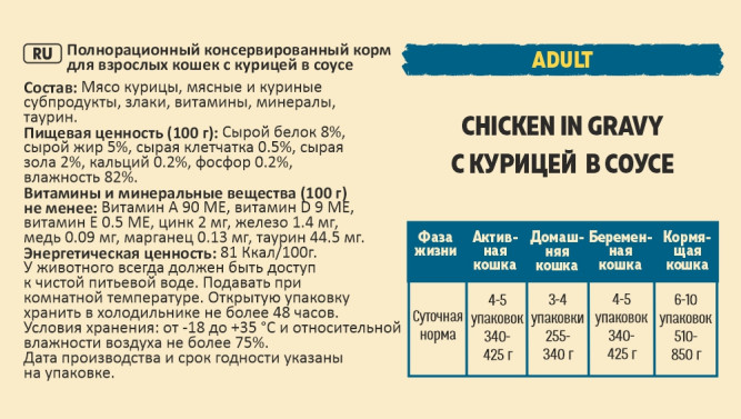 Brooksfield Adult Cat Chicken влажный корм для взрослых кошек с курицей в соусе, в паучах - 85 г х 12 шт