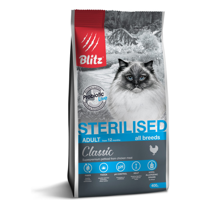 Blitz Classic Cat Sterilised сухой корм для взрослых стерилизованных кошек, с курицей - 400 г