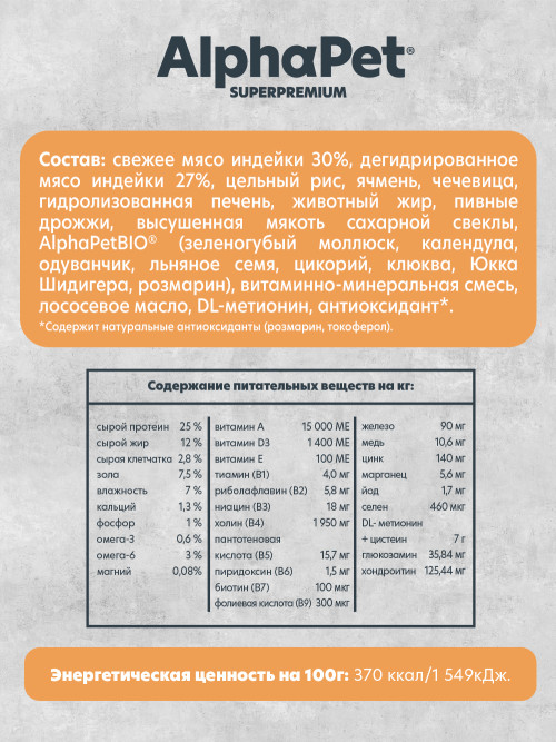 AlphaPet Superpremium Monoprotein сухой корм для взрослых собак средних и крупных пород с индейкой - 2 кг