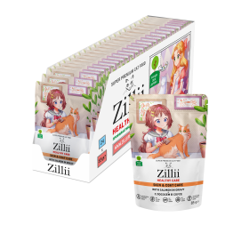 Zillii Healthy Care Skin &amp; Coat Care влажный корм для взрослых кошек, поддержка здоровья кожи и шерсти, с лососем в соусе, в паучах - 85 г х 24 шт