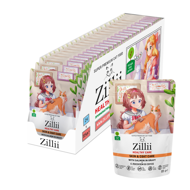 Zillii Healthy Care Skin &amp; Coat Care влажный корм для взрослых кошек, поддержка здоровья кожи и шерсти, с лососем в соусе, в паучах - 85 г х 24 шт