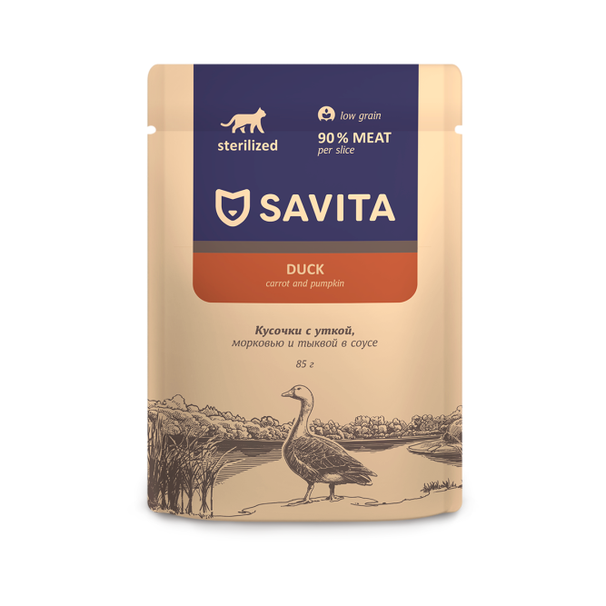 Savita Sterilized влажный корм для взрослых стерилизованных кошек с уткой и овощами в соусе, в паучах - 85 г х 12 шт