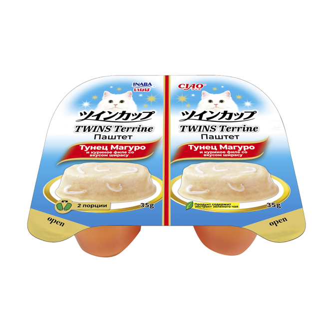 Inaba Ciao Twins Terrine влажный дополнительный корм для взрослых кошек, паштет из тунца Магуро с куриным филе со вкусом ширасу, в ламистерах - 70 г х 8 шт