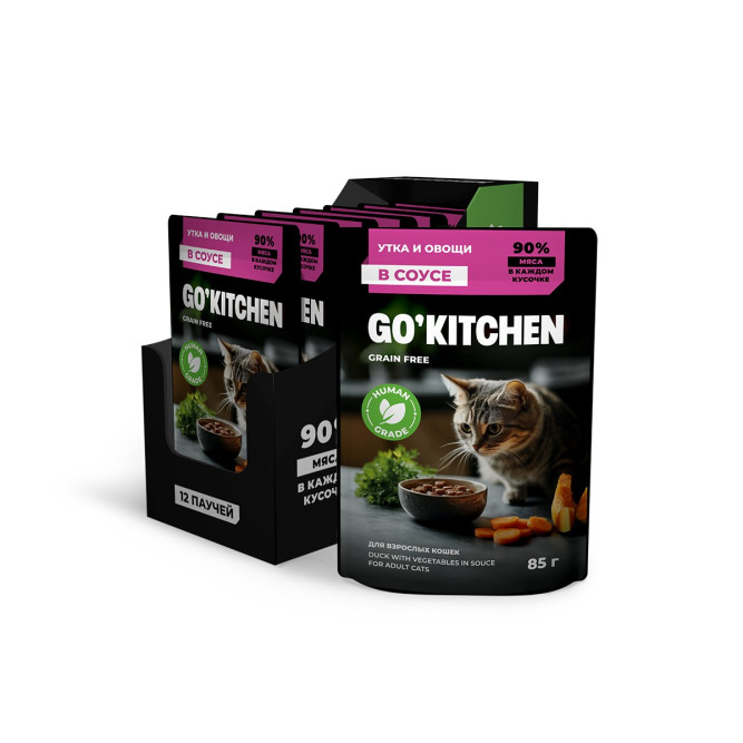 Go' Kitchen Grain Free влажный беззерновой корм для взрослых кошек с уткой и овощами в соусе, в паучах - 85 г х 12 шт
