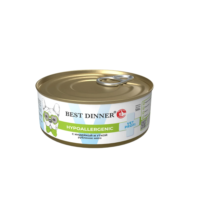 Best Dinner Vet Profi Hypoallergenic влажный диетический корм для взрослых собак и щенков при пищевой аллергии, с индейкой и уткой, в консервах - 100 г х 12 шт