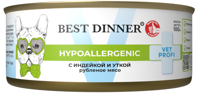 Best Dinner Vet Profi Hypoallergenic влажный диетический корм для взрослых собак и щенков при пищевой аллергии, с индейкой и уткой, в консервах - 100 г х 12 шт