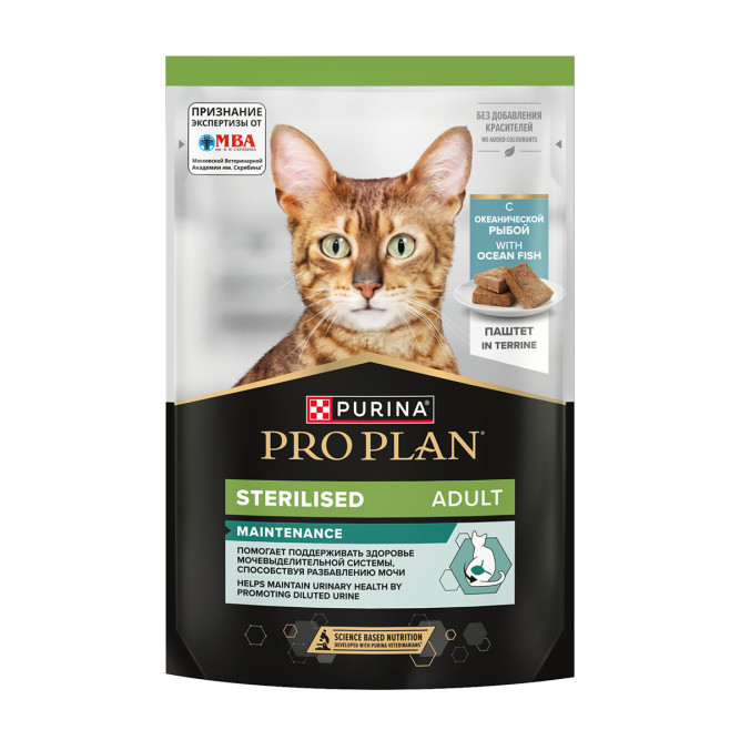 Purina Pro Plan Sterilised Maintenance влажный корм для взрослых стерилизованных кошек, паштет с океанической рыбой, в паучах - 75 г x 26 шт
