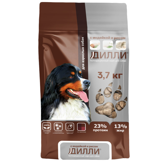 Дилли сухой корм для взрослых собак, с индейкой и рисом - 3,7 кг