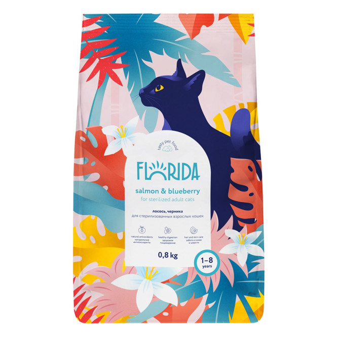 Florida сухой корм для взрослых стерилизованных кошек с лососем и черникой - 800 г