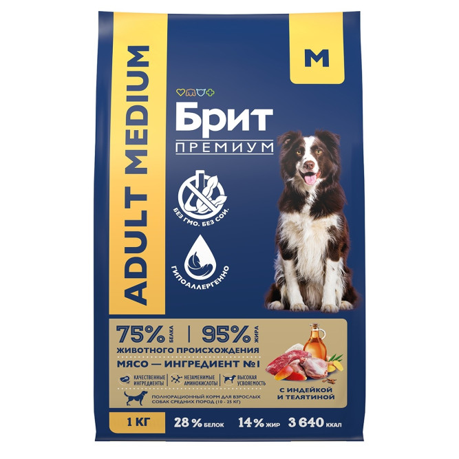 Брит Премиум Dog Adult Medium сухой корм для взрослых собак средних пород (10-25 кг), с индейкой и телятиной - 1 кг