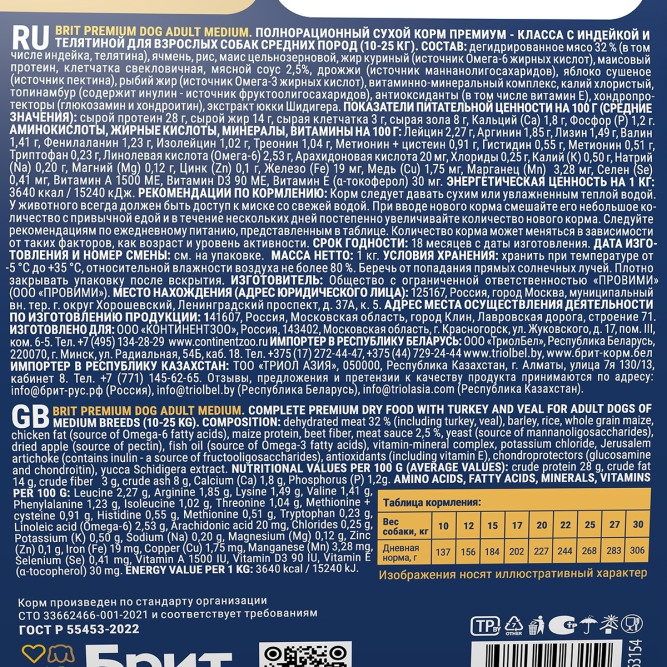 Брит Премиум Dog Adult Medium сухой корм для взрослых собак средних пород (10-25 кг), с индейкой и телятиной - 1 кг