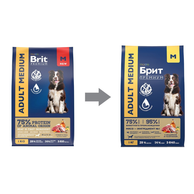 Брит Премиум Dog Adult Medium сухой корм для взрослых собак средних пород (10-25 кг), с индейкой и телятиной - 1 кг