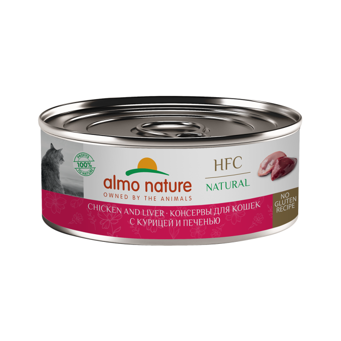 Almo Nature HFC Natural Chicken and Liver влажный корм для взрослых кошек и котят с 3-х месяцев, с курицей и печенью, в консервах - 100 г х 12 шт