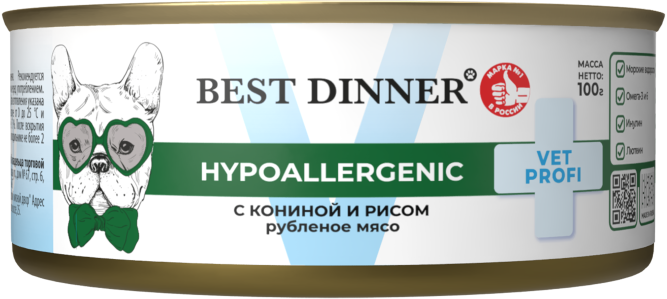 Best Dinner Vet Profi Hypoallergenic влажный диетический корм для взрослых собак и щенков при пищевой аллергии, с кониной и рисом, в консервах - 100 г х 12 шт