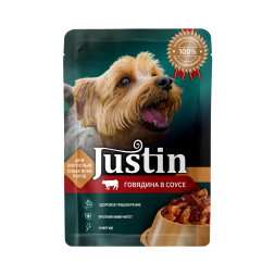 Justin влажный корм для взрослых собак всех пород с говядиной в соусе, в паучах - 75 г х 28 шт