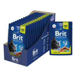 Brit Premium паучи для взрослых кошек с ягненком и говядиной кусочки в соусе - 85 г х 14 шт