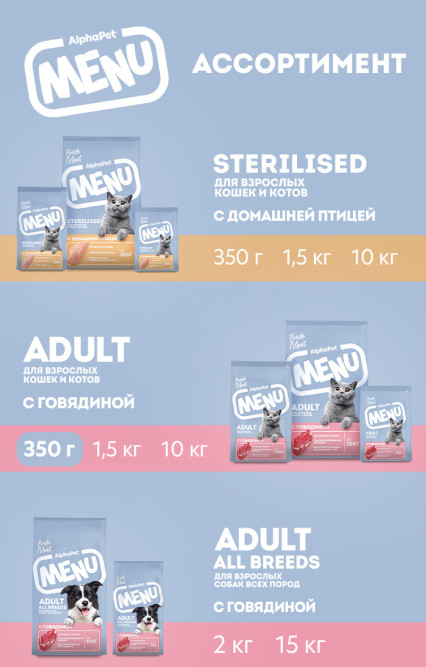 AlphaPet MENU сухой корм для взрослых кошек с говядиной - 350 г