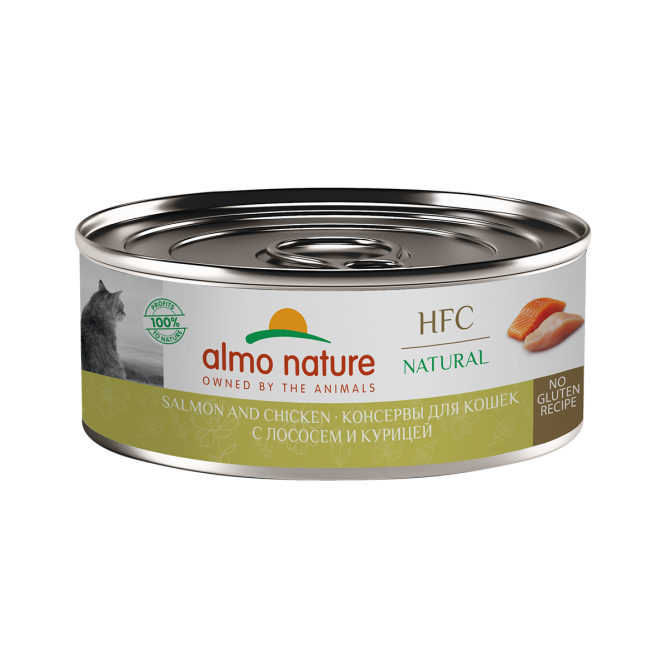 Almo Nature HFC Natural Salmon and Chicken влажный корм для взрослых кошек и котят с 3-х месяцев, с лососем и курицей, в консервах - 100 г х 12 шт