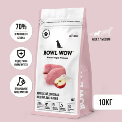 BOWL WOW сухой корм для взрослых собак средних пород с индейкой, рисом и яблоком - 10 кг