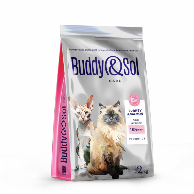 Buddy&amp;Sol Care Hair&amp;Skin сухой корм для взрослых кошек с индейкой и лососем - 2 кг