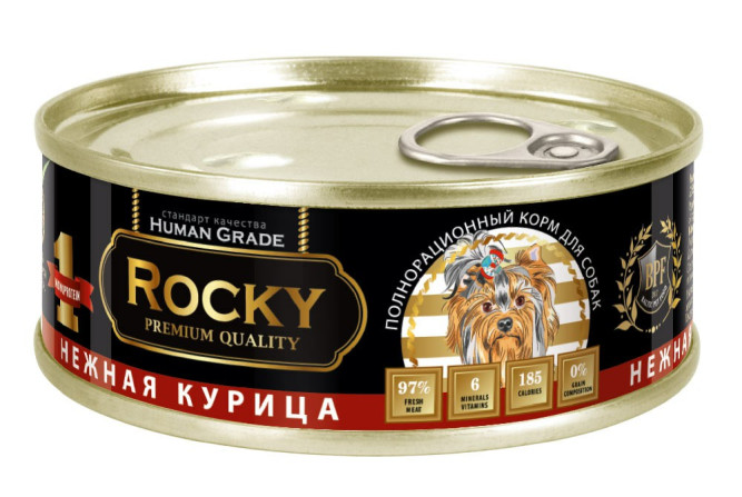 Rocky влажный монобелковый корм для взрослых собак с нежной курицей, в консервах - 100 г х 24 шт