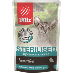 Blitz паучи для стерилизованных кошек с чувствительным пищеварением с кроликом и клюквой - 85 г х 24 шт
