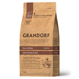 Grandorf сухой корм для взрослых собак средних и крупных пород с уткой и индейкой - 1 кг