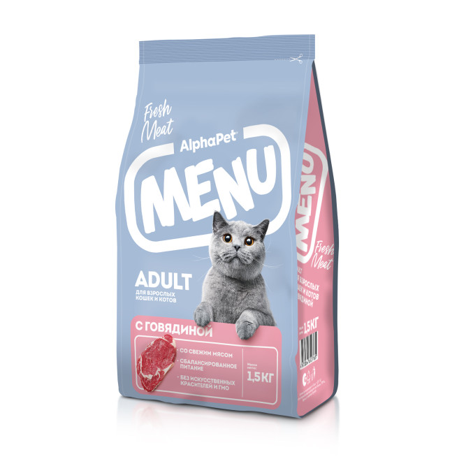 AlphaPet MENU сухой корм для взрослых кошек с говядиной - 1,5 кг