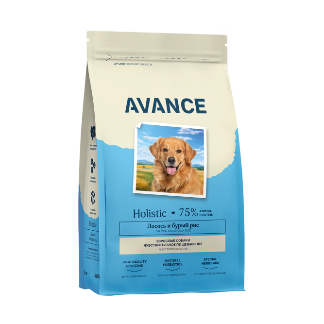 Avance Adult Sensitive сухой корм для взрослых собак с чувствительным пищеварением с лососем и бурым рисом  - 3 кг