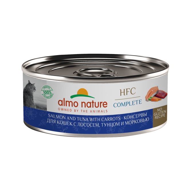 Almo Nature HFC Complete Salmon and Tuna with Carrots влажный корм для взрослых кошек и котят с 3-х месяцев, с лососем, тунцом и морковью, в консервах - 100 г х 12 шт