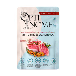 Optinome влажный корм для взрослых стерилизованных кошек для красивой шерсти и здоровой кожи без зуда и перхоти с ягненком и облепихой в желе, в паучах - 75 г х 28 шт