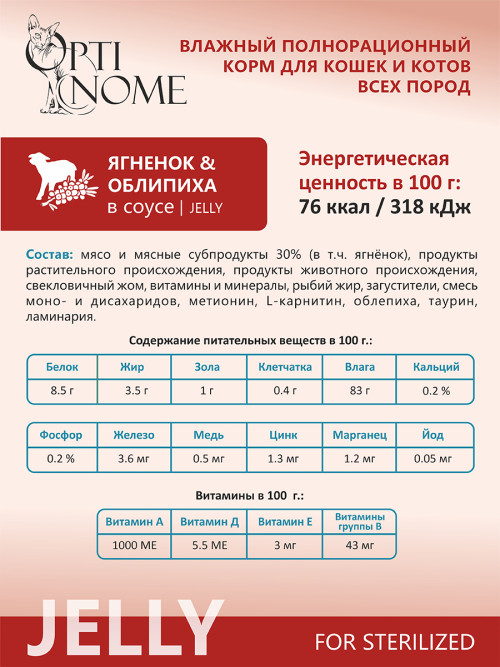 Optinome влажный корм для взрослых стерилизованных кошек для красивой шерсти и здоровой кожи без зуда и перхоти с ягненком и облепихой в желе, в паучах - 75 г х 28 шт