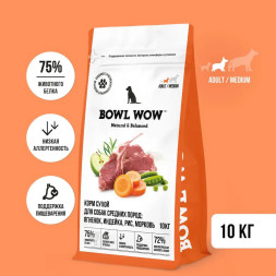 BOWL WOW сухой корм для взрослых собак средних пород с ягненком, индейкой, рисом и морковью - 10 кг