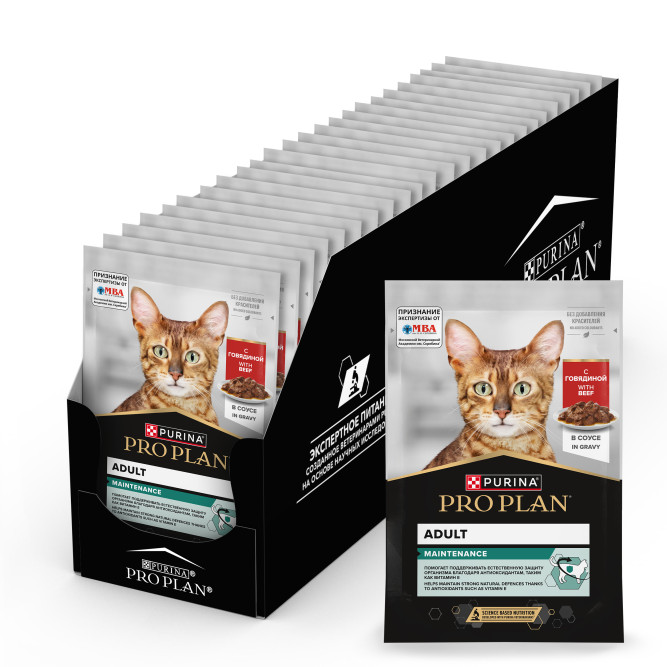 Purina Pro Plan Maintenance влажный корм для взрослых кошек, кусочки с говядиной в соусе, в паучах - 85 г х 26 шт