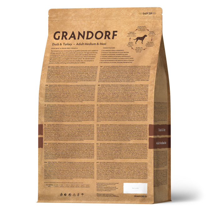 Grandorf сухой корм для взрослых собак средних и крупных пород с уткой и индейкой - 3 кг