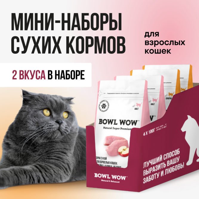 BOWL WOW мини-набор сухих кормов для взрослых кошек с чувствительным пищеварением - 100 г х 4 шт: с яблоком - 2 шт; и тыквой - 2 шт