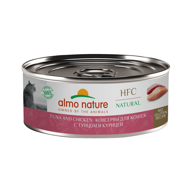 Almo Nature HFC Natural Tuna and Chicken  влажный корм для взрослых кошек и котят с 3-х месяцев, с тунцом и курицей, в консервах - 100 г х 12 шт