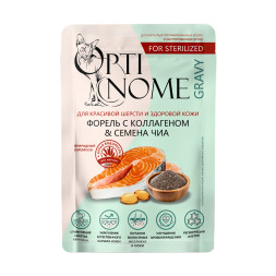 Optinome влажный корм для взрослых стерилизованных кошек для красивой шерсти и здоровой кожи без зуда и перхоти с форелью, коллагеном и семенами чиа в соусе, в паучах - 75 г х 28 шт