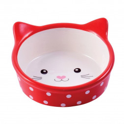 КерамикАрт миска керамическая для кошек в форме кошачьей мордочки, красная в горошек 250 мл