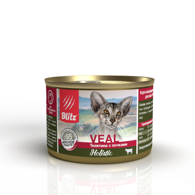 Blitz Holistic консервы для взрослых кошек с телятиной и почками, паштет - 200 г х 24 шт