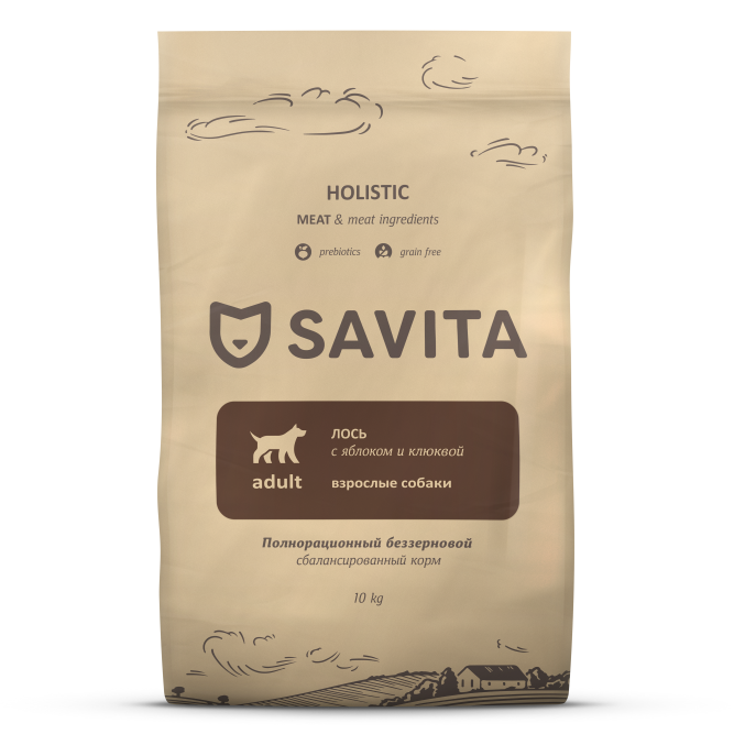 Savita сухой беззерновой корм для взрослых собак всех пород с мясом лося - 10 кг