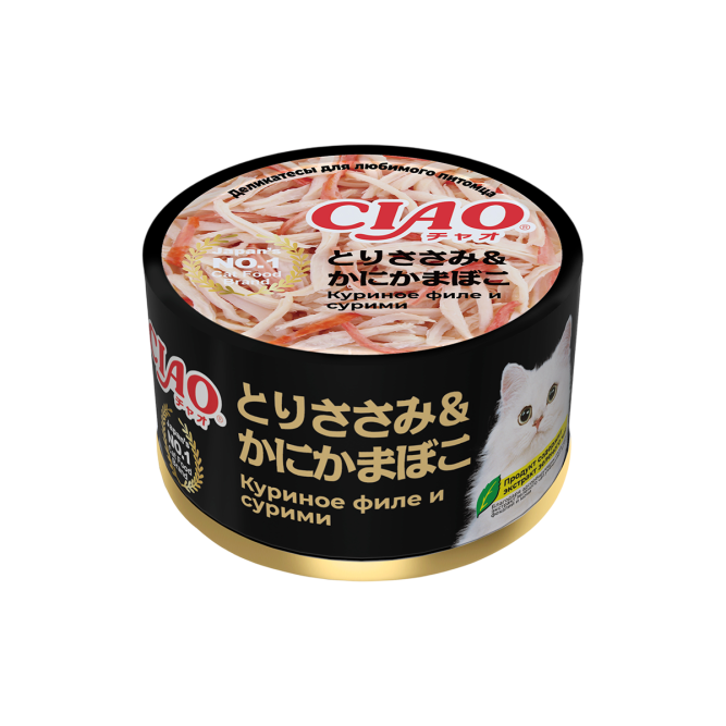 Inaba Ciao Can влажный дополнительный корм для взрослых кошек с куриным филе и сурими в желе, в консервах - 85 г х 24 шт